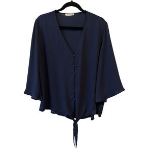 Kancystore Womens XL Fairycore Sheer Navy Blue Front Tie Sheer Flowy Blouse Boho